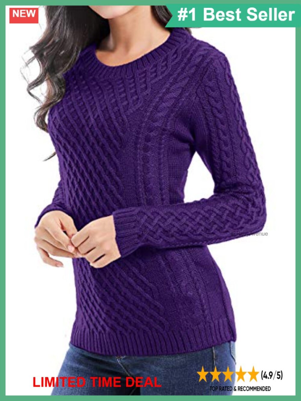 Women Crew Neck Cable Knit Long Sleeve Pullover Sweater Jumper